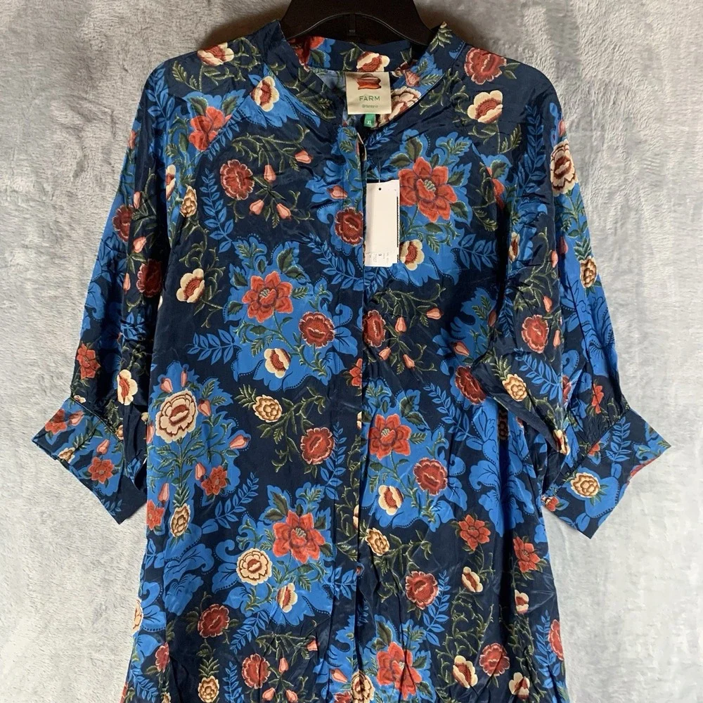 Farm Rio Women's Dress XL Arabesque Floral Blue Maxi Button Shirt‎ 3/4 Sleeve - Picture 7 of 15